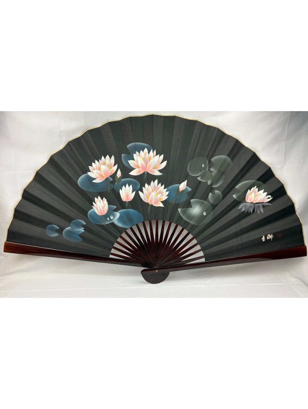 Chinese Hand-Painted Signature and Seal Water Lily 26"x47" Folding Fan